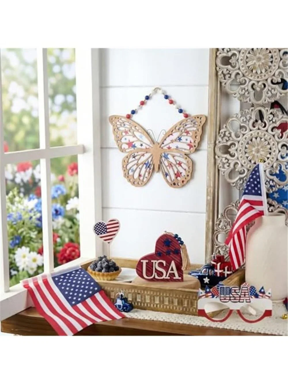 Butterfly Wooden Americana Sign Patriotic Wreath, Large